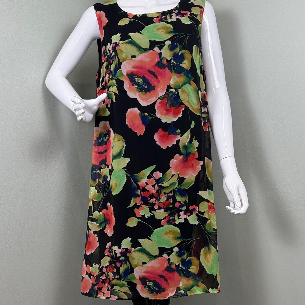 DKNY Black Vibrant Poppy Floral Print A-Line Midi Dress Wedding Guest Size 12